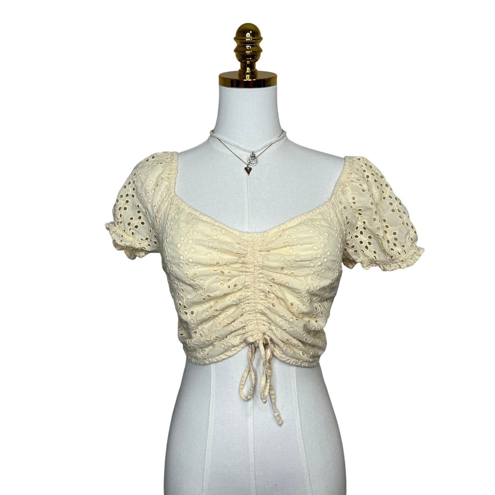 Hollister Womens Cream Yellow Eyelet Ruched Puff Sleeve Crop Top Smocked Back S